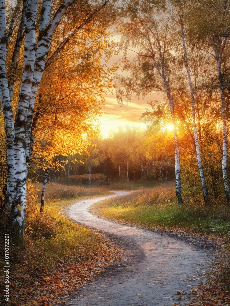 Beautiful winding path through autumn forest at sunset Beautiful winding path through autumn forest at sunset