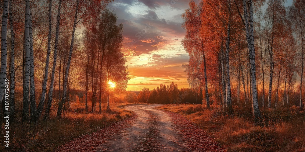Golden sunset illuminating a winding forest path in autumn Golden sunset illuminating a winding forest path in autumn