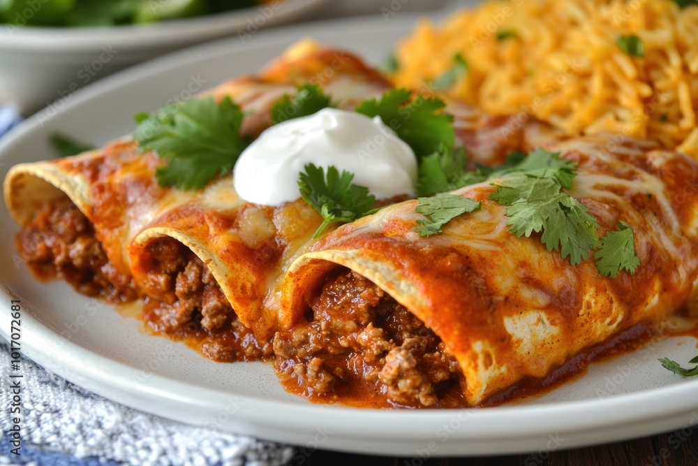 Hearty Beef Enchiladas with Cheese and Red Sauce Served with Spanish Rice and Refried Beans Hearty Beef Enchiladas with Cheese and Red Sauce Served with Spanish Rice and Refried Beans