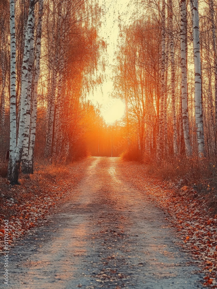 Naklejka premium A serene sunset along a tree-lined gravel path in autumn