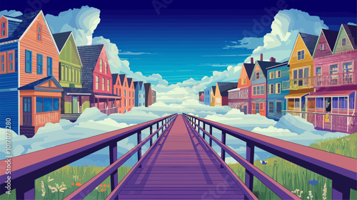 Boardwalk extending into clouds, leading to hidden world of vibrant colors.