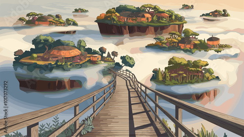 Boardwalk extending into clouds, leading to hidden world of vibrant colors.