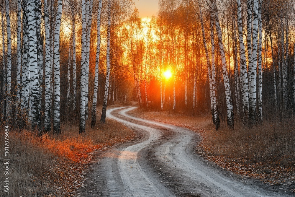 Serene sunset along a winding forest road in autumn's embrace Serene sunset along a winding forest road in autumn's embrace