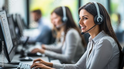 A team of customer service representatives collaborates in an office, focused on their tasks while wearing headsets and actively engaging with clients at their computers photo