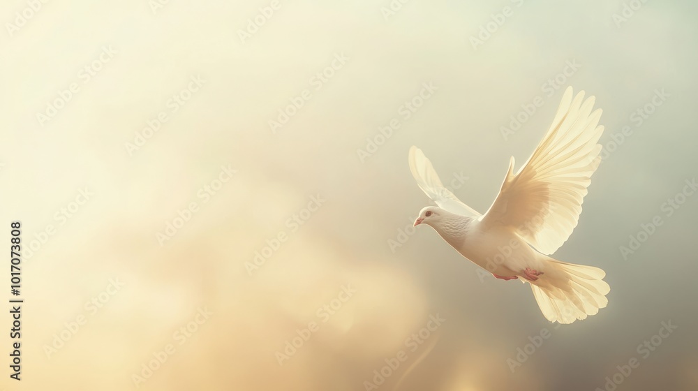 Fototapeta premium A serene white dove in flight against a soft, ethereal background.