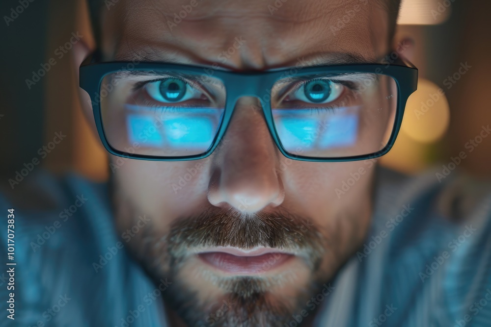Businessman reduces eye strain with computer glasses while working online. Businessman reduces eye strain with computer glasses while working online.