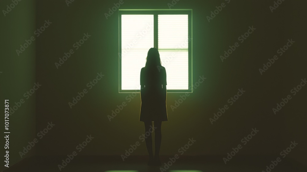 Obraz premium Midnight Mystery - Elegant Silhouette of Woman by Dimly Lit Window, Cinematic Noir Aesthetic with Shadows of Longing and Intrigue