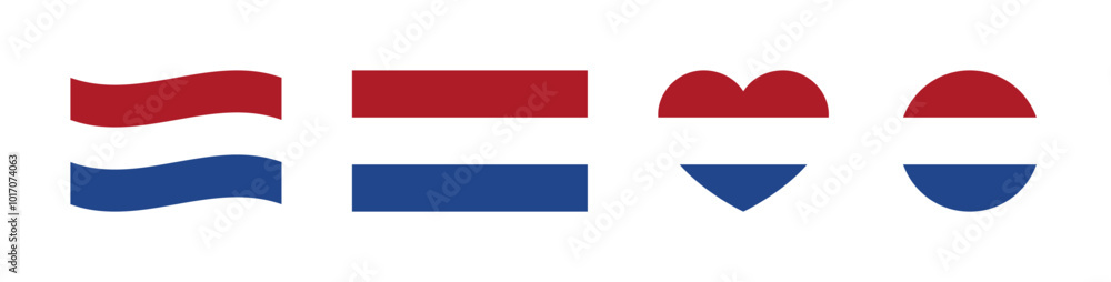 Dutch Flag Icon Set. Flag of The Netherlands Vector Illustration. Dutch Flag in Heart, Circle, Waving Dutch Flag Icon Set. Flag of The Netherlands Vector Illustration. Dutch Flag in Heart, Circle, Waving