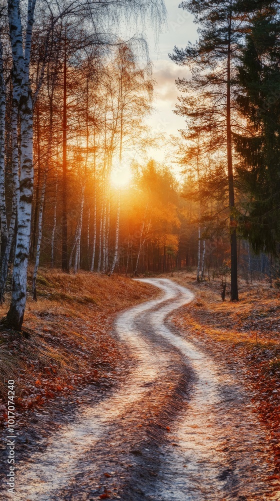 Winding dirt path through autumn trees at sunset in a serene forest Winding dirt path through autumn trees at sunset in a serene forest