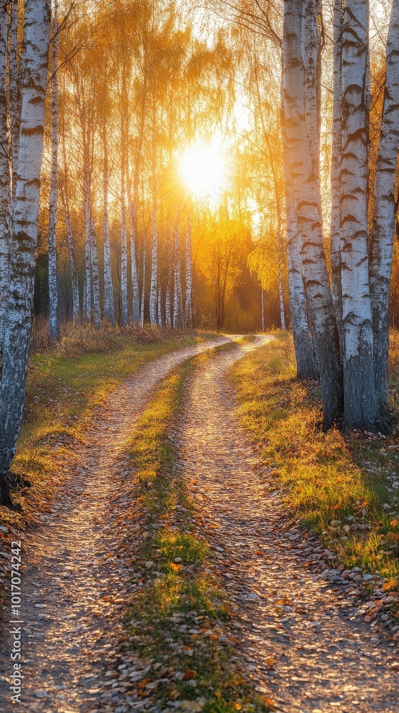 Autumn sunset over a winding dirt path lined with birch trees Autumn sunset over a winding dirt path lined with birch trees