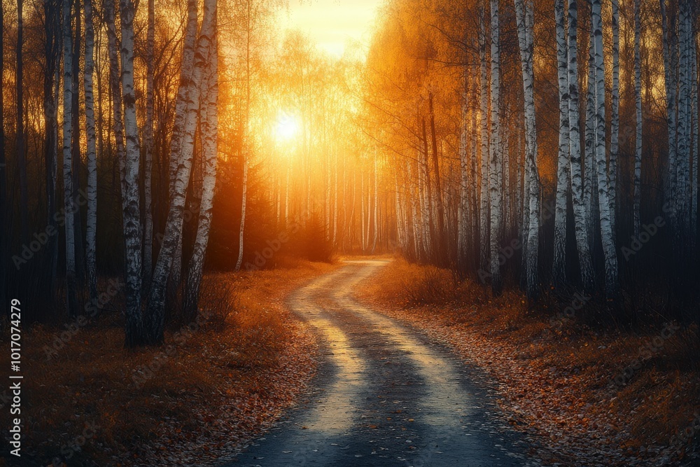 Obraz premium A winding path through birch trees at sunset in a quiet forest