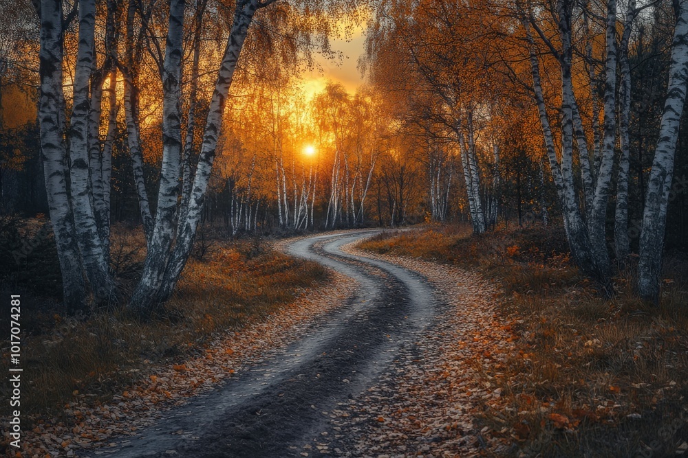 Winding dirt road through autumn trees at sunset near a birch forest Winding dirt road through autumn trees at sunset near a birch forest