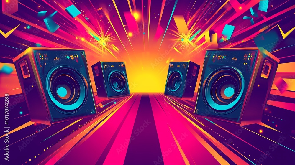 Fototapeta premium A vibrant abstract illustration with four speakers emitting a bright yellow light on a red and blue striped stage.