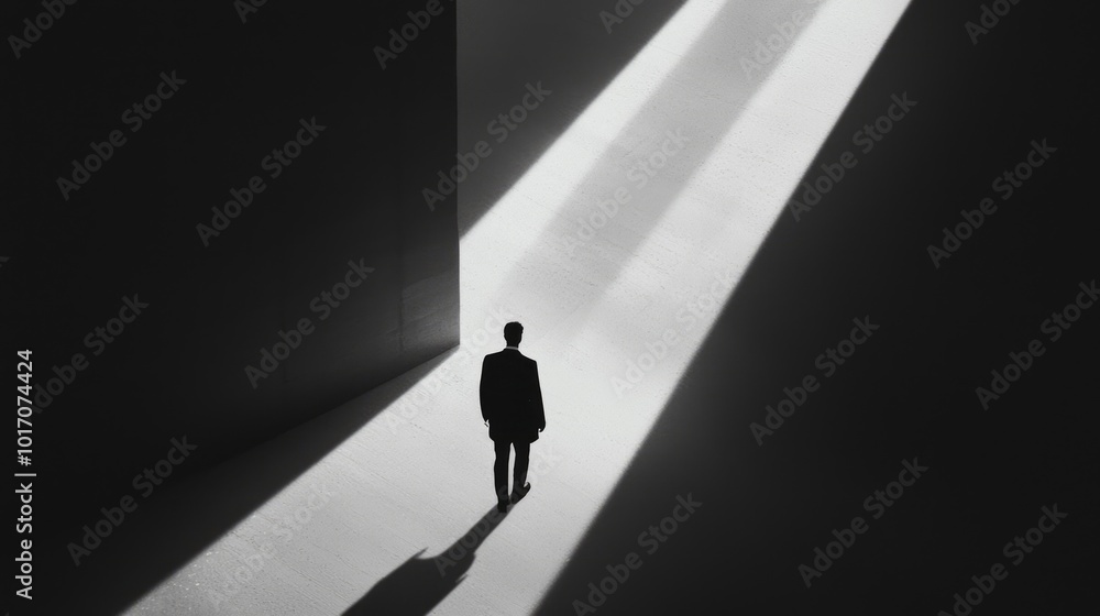 Cinematic Noir: Intriguing Shot of Man Walking into Darkness with Dramatic Lighting Path Cinematic Noir: Intriguing Shot of Man Walking into Darkness with Dramatic Lighting Path
