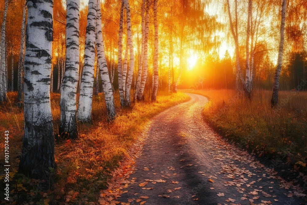 Fototapeta premium Autumn sunset along a winding path through a birch forest
