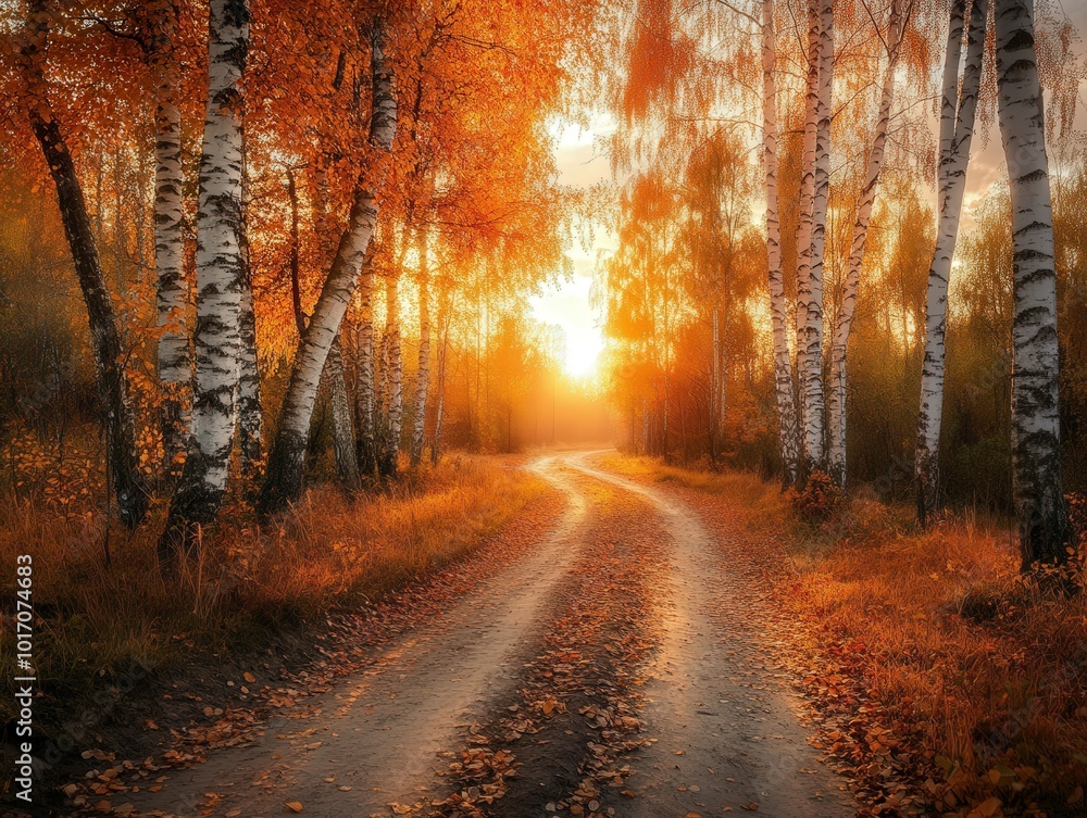 Obraz premium Scenic autumn pathway through a birch forest at sunset