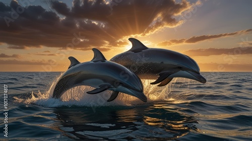 Two dolphins leap from the ocean surface as the sun sets in the distance, casting a golden glow over the water.