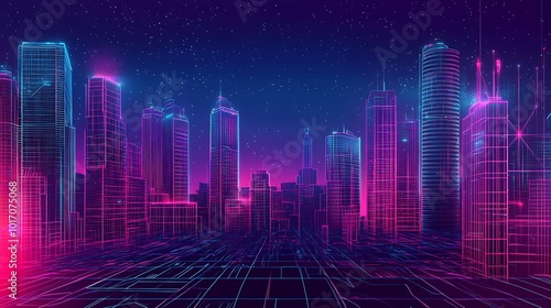 Neon cityscape with glowing lines, depicting a futuristic city.