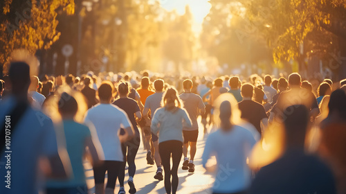 diverse group of people participating in charity walk or run for world health day blurred background
