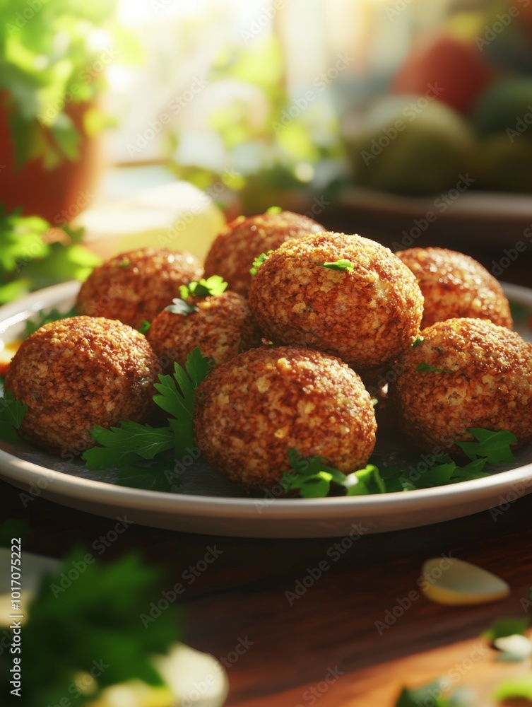 Freshly prepared falafel balls garnished with herbs on a plate Freshly prepared falafel balls garnished with herbs on a plate