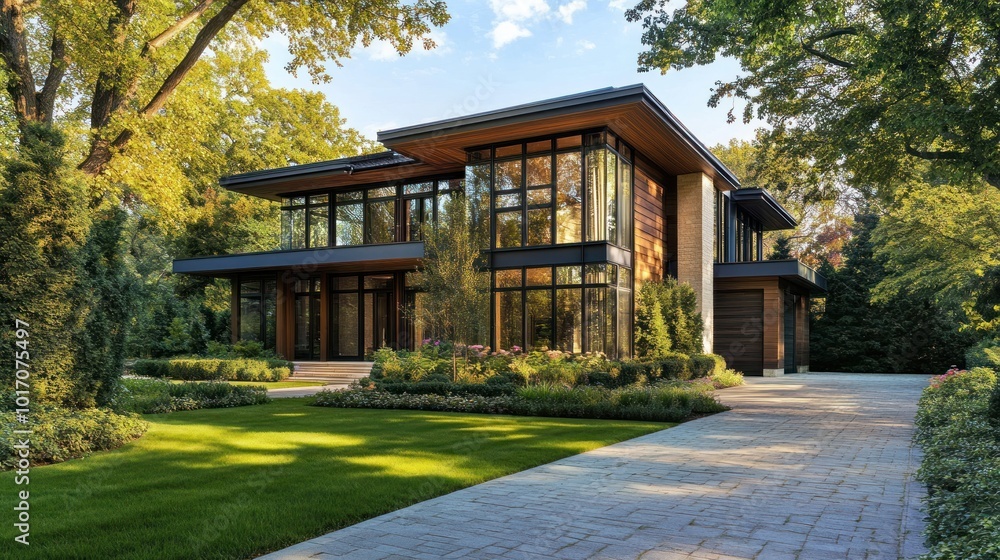 Modern house surrounded by greenery and a paved driveway, showcasing contemporary architecture. Modern house surrounded by greenery and a paved driveway, showcasing contemporary architecture.