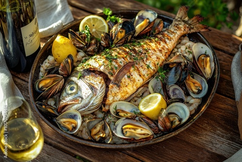 Rustic Seafood Platter with Grilled Fish, Shellfish, Herbs, and Lemon for Gourmet Dining photo