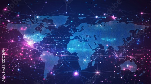 A Digital World Map with Interconnected Nodes and Glowing Points of Light