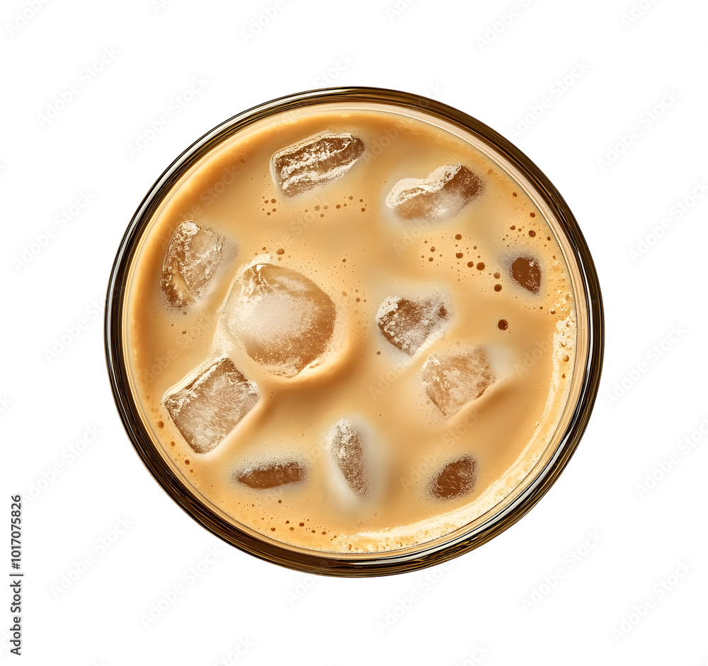 Top view of coffee latte cappuccino with ice in glass isolated on white background, Top view of coffee latte cappuccino with ice in glass isolated on white background,