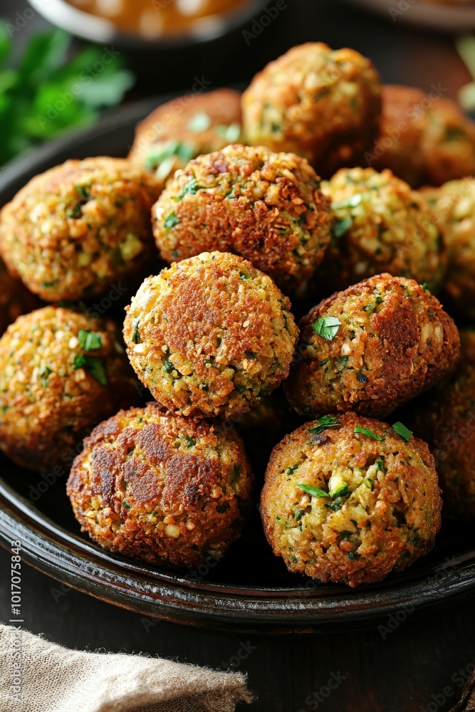 Delicious homemade falafel served on a plate with fresh herbs Delicious homemade falafel served on a plate with fresh herbs