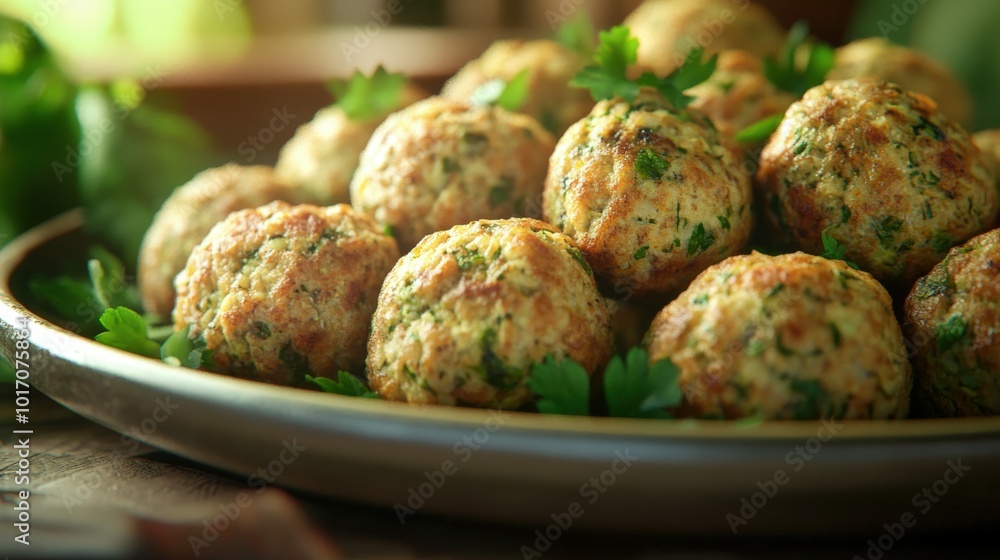 Popular falafel dish served with fresh herbs on a wooden table Popular falafel dish served with fresh herbs on a wooden table