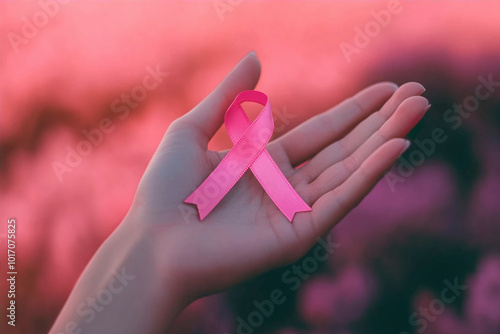 Breast Cancer Awareness. Female hand holding pink ribbon. Symbol of fight against breast cancer, world cancer day.