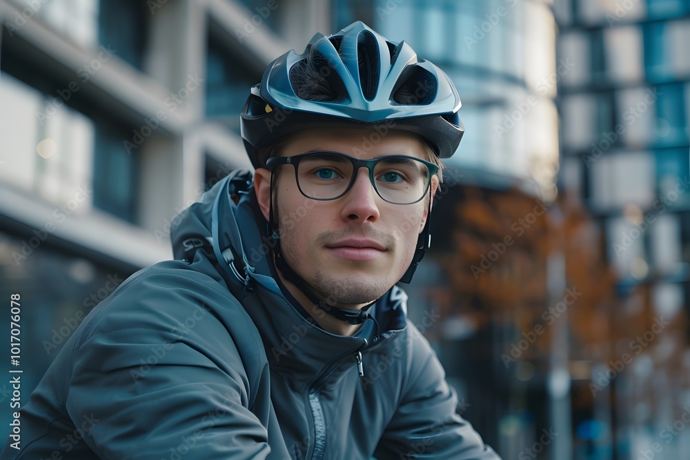 Young Cyclist in Urban Setting with Helmet and Glasses Young Cyclist in Urban Setting with Helmet and Glasses