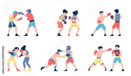 Sparring training. Professional boxers fighting in gloves, wrestling or kickboxing. Boxing athletes training, strong sportlers recent vector set