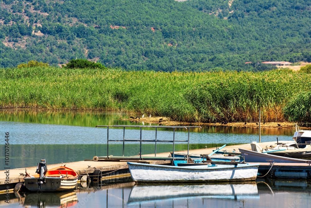 Fishing Boats on Calm Lake Prespa with Reeds Fishing Boats on Calm Lake Prespa with Reeds