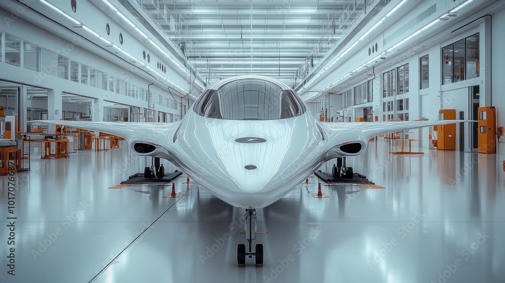 A white, futuristic, electric plane in a hangar, waiting for its maiden flight. A white, futuristic, electric plane in a hangar, waiting for its maiden flight.
