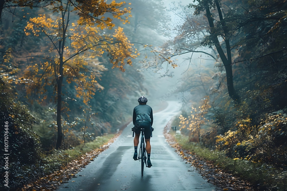 Serene Autumn Ride: A Cyclist on a Misty Forest Road Serene Autumn Ride: A Cyclist on a Misty Forest Road
