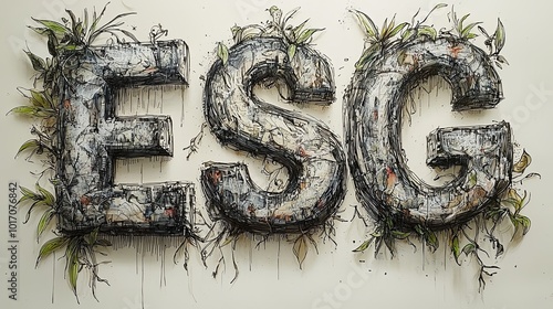 The image depicts the letters 'ESG' in a grey stone-like texture, interwoven with vines and small leaves, set against a plain white background. photo