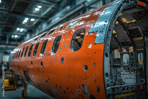 Close-up of an orange aircraft fuselage in a hangar with windows, rivets and other details visible.