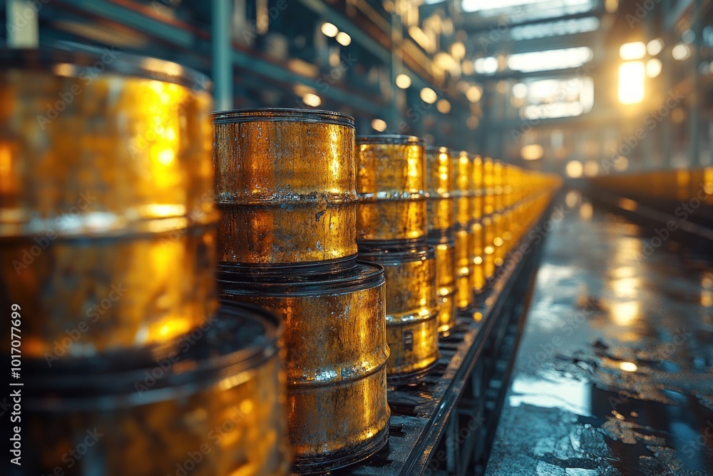 Rows of golden barrels on a conveyor belt in a factory. Rows of golden barrels on a conveyor belt in a factory.