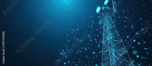 Abstract digital telecommunication tower with antennas as low poly wireframe. Technology 3D polygonal
