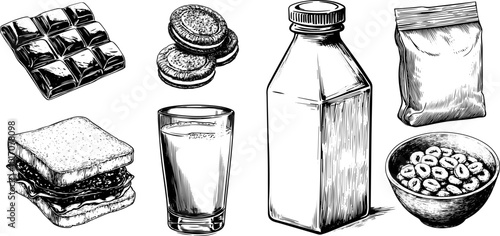 Vector sketch of tasty breakfast set with milk, cereal, and biscuit, chocolate, sandwich.Hand-drawn engraved illustration.