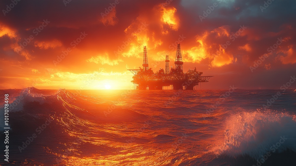 Oil rig platform in the ocean at sunset with dramatic clouds. Oil rig platform in the ocean at sunset with dramatic clouds.