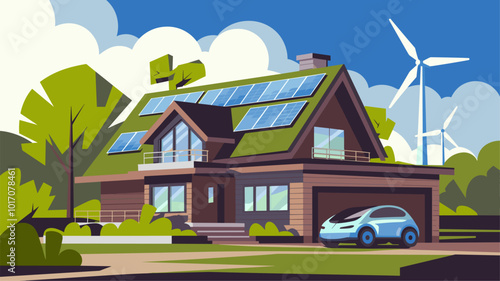 A modern smart home powered by solar and wind energy, showcasing a sustainable lifestyle.