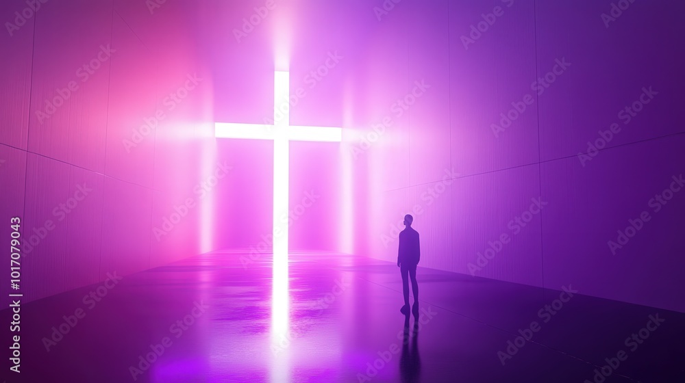 A person stands before a glowing cross in a modern Christian space at dusk A person stands before a glowing cross in a modern Christian space at dusk