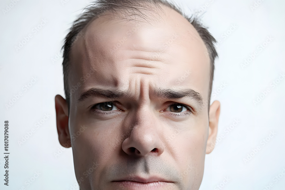 Bald man or woman worry about his or her less hairline on white background isolated Bald man or woman worry about his or her less hairline on white background isolated