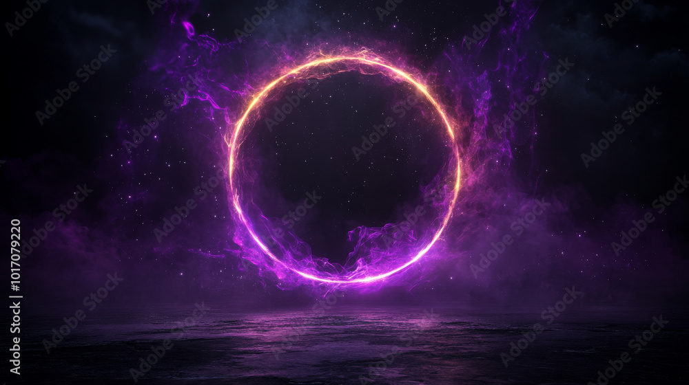 Fototapeta premium A glowing, orange and purple ring hovers over a dark, reflective surface, creating a mystical and futuristic atmosphere.