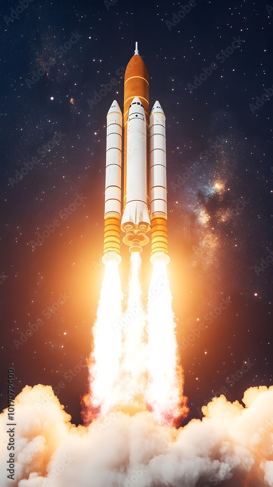 Fototapeta premium illustration of a rocket hovering in Earth’s orbit, The scene takes place at night, showing the Earth below with glowing city lights and a vast starry sky in the background. 
