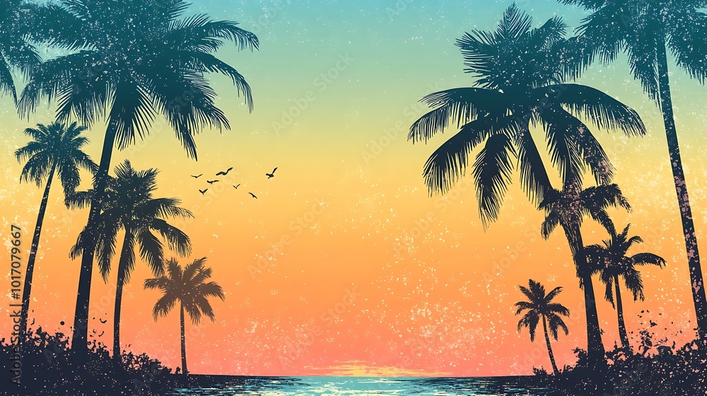 Obraz premium Silhouette of palm trees against a colorful sunset over the ocean.