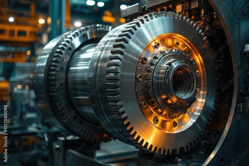 Close-up of a large, industrial metal gear with intricate details and a warm glow. Close-up of a large, industrial metal gear with intricate details and a warm glow.