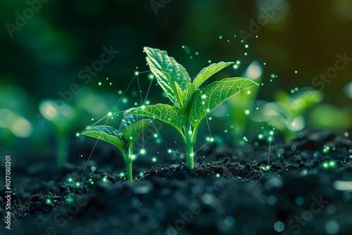 Vibrant Green Seedlings Growing in Rich Soil with a Touch of Digital Magic